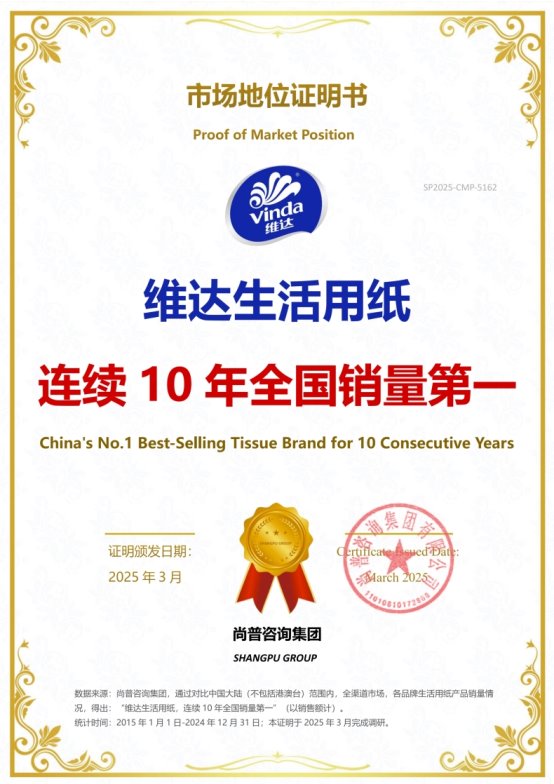 市场地位证明：维达荣获尚普咨询系列品牌证明