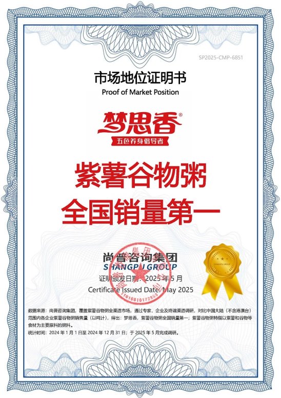 梦思香谷物粥系列产品荣获尚普咨询集团多项市场地位声明