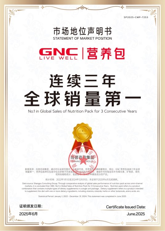 市场地位声明：GNC营养包，连续三年全球销量第一