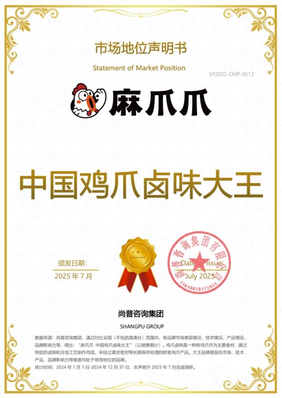 麻爪爪鸡爪卤味荣获尚普咨询集团系列市场地位声明