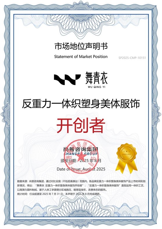 舞青衣获反重力一体织塑身美体服饰开创者市场地位声明