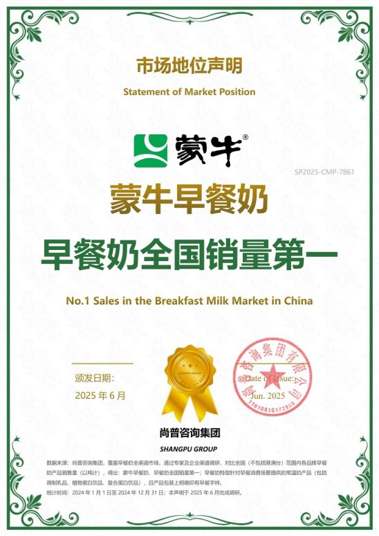 荣耀加冕！蒙牛以销量第一、消费者首选品牌综合实力，硬核引领早餐奶品质赛道