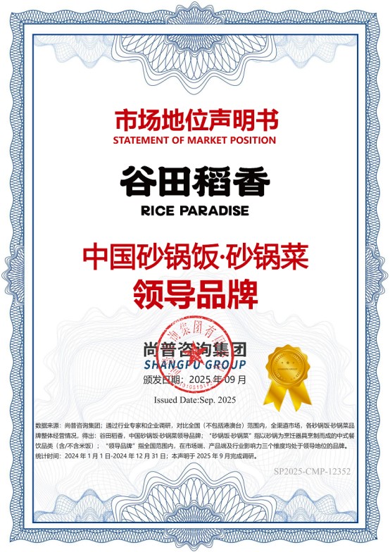 谷田稻香荣获尚普咨询集团系列市场地位声明