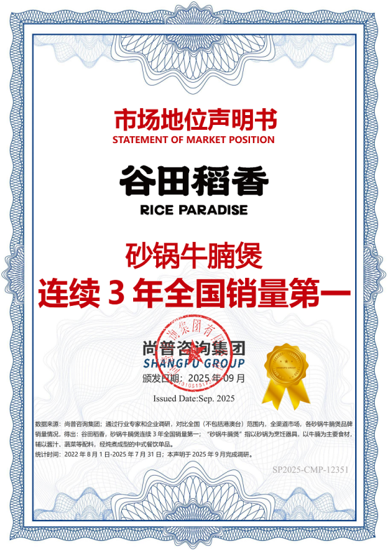 谷田稻香荣获尚普咨询集团系列市场地位声明
