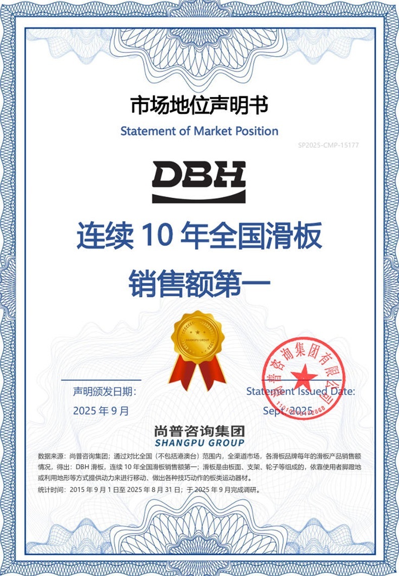 市场地位声明：DBH滑板，连续10年全国滑板销售额第一