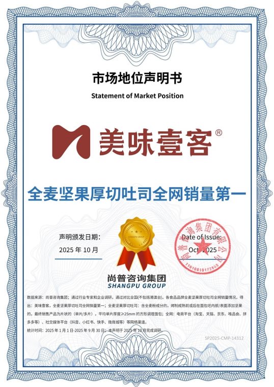 市场地位声明：美味壹客，全麦坚果厚切吐司全网销量第一